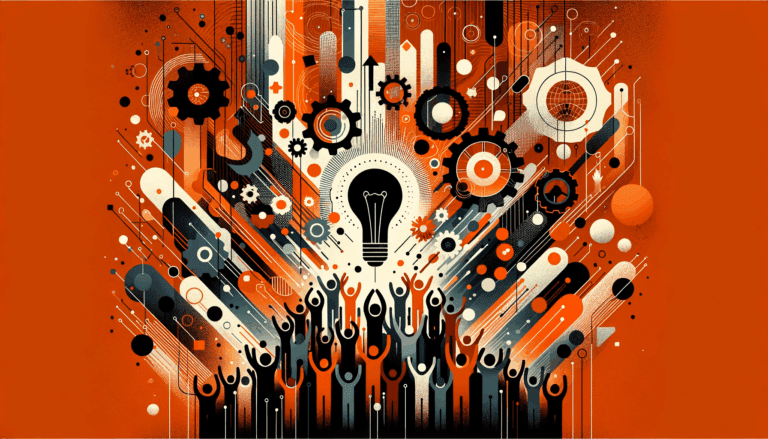 Imagen editorial que representa convocatorias y colaboración en startups con paleta de colores naranja y negro del Ecosistema Startup