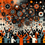 Siluetas colaborando en convocatoria de comunidad startup con paleta naranja y negro Ecosistema Startup