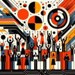 Imagen editorial de convocatoria y comunidad en startup tecnológica con siluetas colaborando y paleta naranja y negro Ecosistema Startup