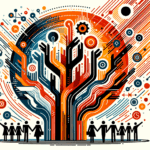 Siluetas colaborando en convocatoria de startup tecnológica con colores naranja y negro del Ecosistema Startup