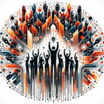 Convocatoria de startups con colaboración comunitaria y nuevas oportunidades, ilustración en paleta naranja, negro y blanco de Ecosistema Startup