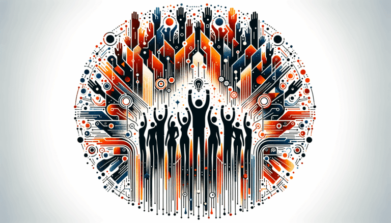 Convocatoria de startups con colaboración comunitaria y nuevas oportunidades, ilustración en paleta naranja, negro y blanco de Ecosistema Startup