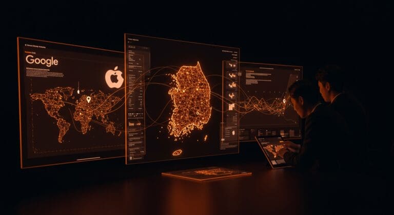 Mapa digital de alta resolución de Corea del Sur con análisis gubernamental, representando la regulación de Google Maps y Apple mapas en el contexto tecnológico.