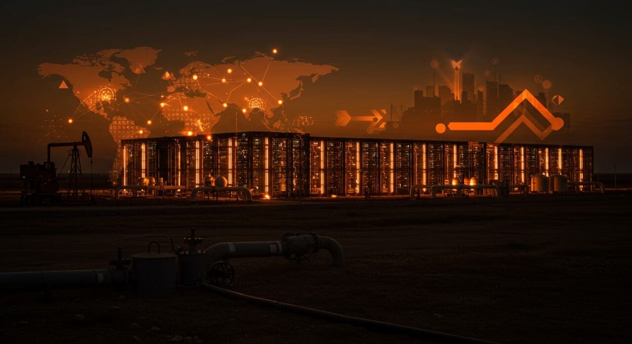 Centro de datos de IA en Texas con consumo de gas natural representando el impacto ambiental y la competencia tecnológica con China.