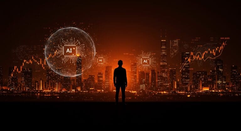 Temor a una burbuja de inteligencia artificial en Silicon Valley con símbolos digitales y flujos de inversión en IA en tonos naranja y negro.