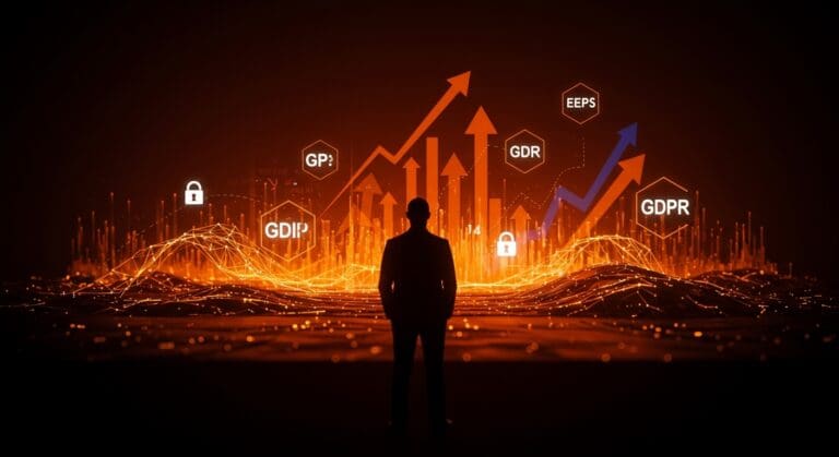 Silueta de líder europeo frente a ciudad digital segura, representando la creciente soberanía digital en Europa y protección de datos según GDPR.