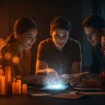 Equipo de emprendedores EdTech colaborando en soluciones digitales para la crisis educativa y la alfabetización en Estados Unidos.