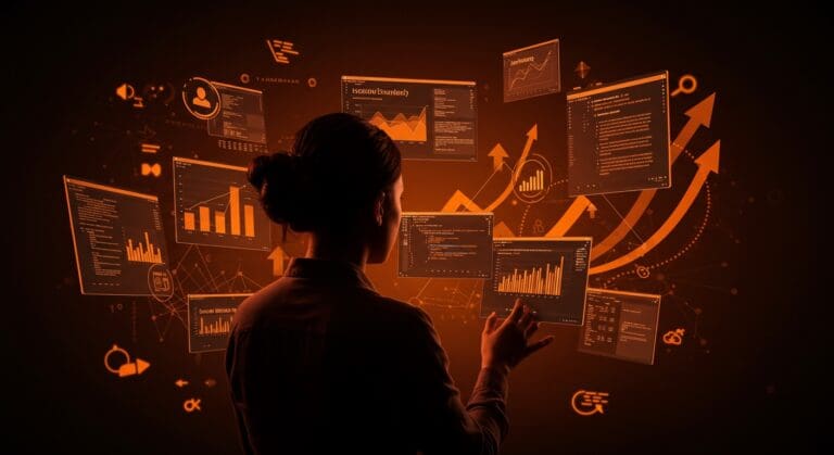 Profesional tecnológico enfrentando la crisis del empleo tech 2025, con elementos visuales que representan habilidades, entrevistas técnicas y adaptación al mercado laboral tecnológico.