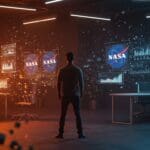 Fundador tech frente a hologramas de NASA representando gestión del cambio, cultura organizacional e innovación en startups.