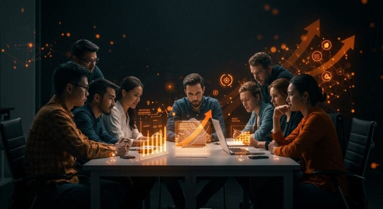 Siete startups innovadoras colaborando en un entorno tecnológico con mentoría legal y aceleración en salud, fintech y deeptech.