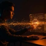 Imagen futurista de un desarrollador usando Composer, el primer LLM interno de Cursor para acelerar la productividad en IA aplicada al coding.