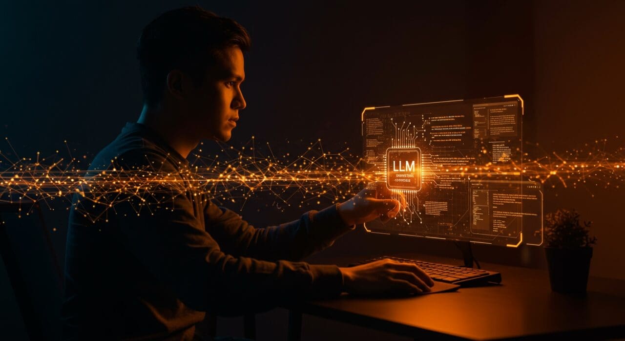 Imagen futurista de un desarrollador usando Composer, el primer LLM interno de Cursor para acelerar la productividad en IA aplicada al coding.
