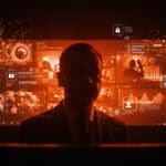 Imagen conceptual de deepfake político y moderación de contenido digital con inteligencia artificial en redes sociales.