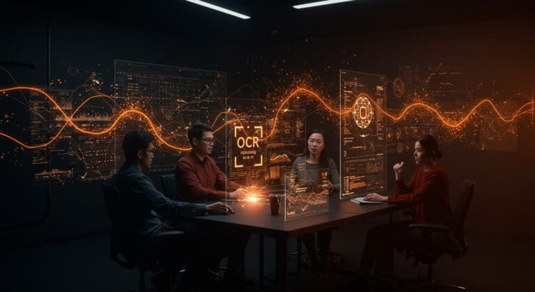 Reconocimiento óptico de caracteres avanzado con IA open source en un entorno startup futurista, destacando DeepSeek OCR y visión computacional.