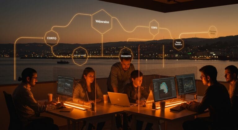 Emprendedores colaborando en un espacio de innovación tecnológica en Valparaíso con elementos visuales que representan startups, financiamiento y el ecosistema de innovación.