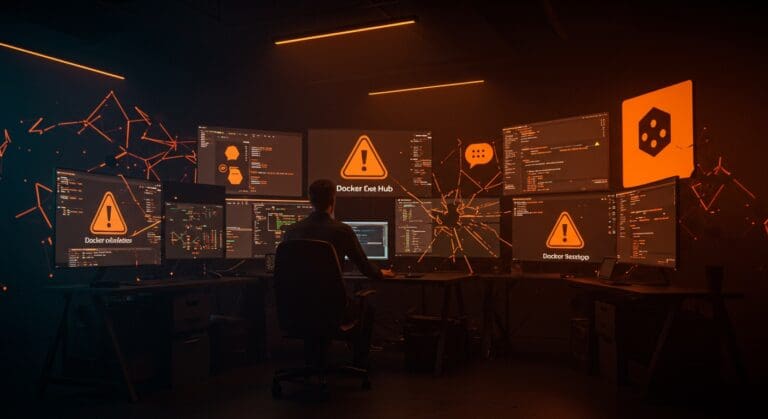 Estado actual de interrupción total en Docker Hub, Authentication y Desktop, destacando problemas y fallo de servicios Docker en tecnología.