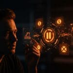 Cancelación de subvenciones de manufactura para startups tecnológicas ilustrada con fundador preocupado y metáforas visuales de financiamiento detenido en paleta naranja y negro.