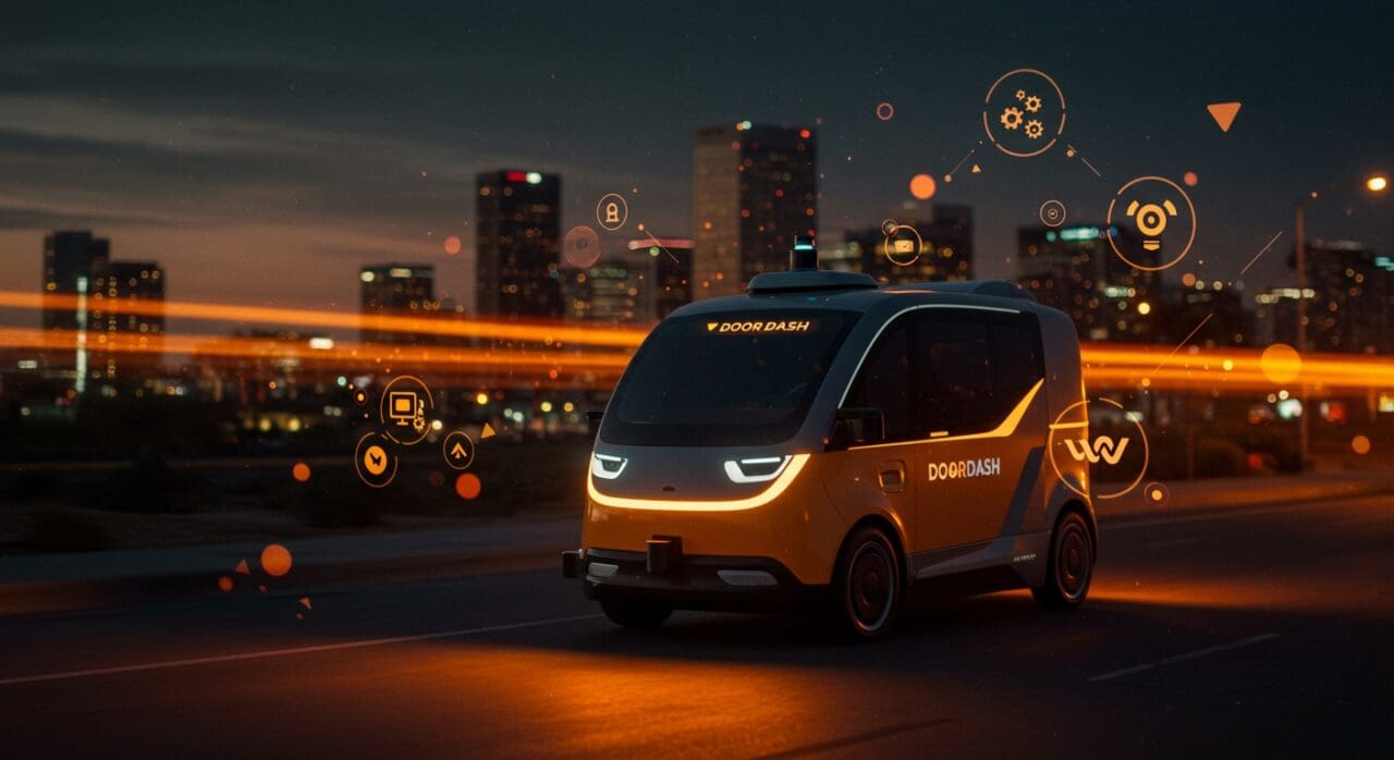 Vehículo autónomo de DoorDash y Waymo realizando entrega en Phoenix, ilustrando la innovación en logística autónoma y entrega automatizada.