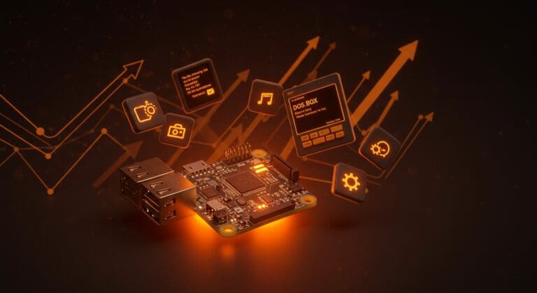Emulación DOS profesional en Raspberry Pi con Dosbian 3.0 destacando software legacy y tendencias del mercado.