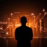 Líder Mohammad Alblooshi frente a un horizonte digital de Dubái con startups y tecnologías IA y PropTech destacadas en el hub tecnológico DIFC Innovation Hub.