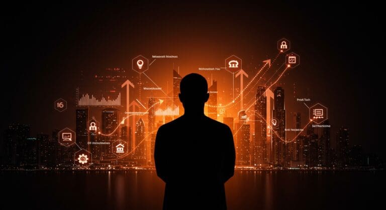 Líder Mohammad Alblooshi frente a un horizonte digital de Dubái con startups y tecnologías IA y PropTech destacadas en el hub tecnológico DIFC Innovation Hub.