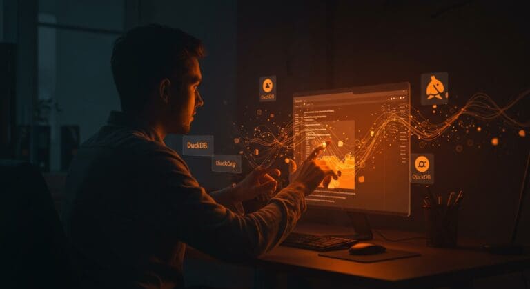 Interfaz moderna de IDE SQL Duck-UI para DuckDB en navegador, destacando análisis de datos eficiente y tecnología avanzada para startups.