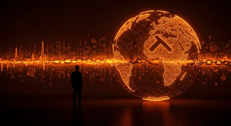 Decisión de Estados Unidos de rechazar la Convención contra el cibercrimen de la ONU representada con una figura política frente a un globo digital fragmentado.