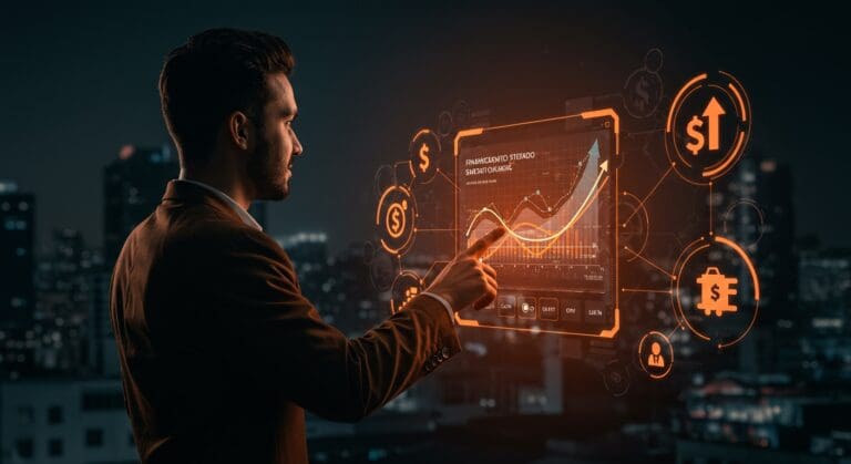 Financiamiento integrado para MIPYMEs en LATAM representado mediante una interfaz digital futurista y elementos visuales de fintech y crédito.