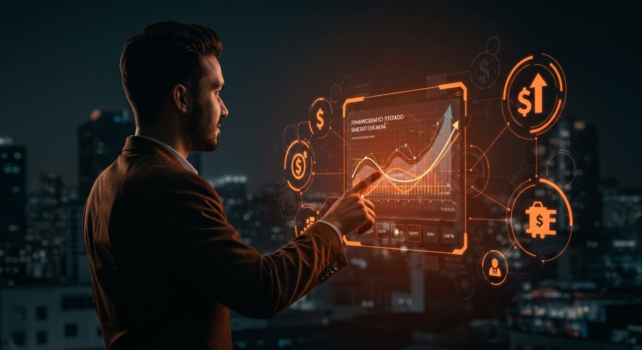 Financiamiento integrado para MIPYMEs en LATAM representado mediante una interfaz digital futurista y elementos visuales de fintech y crédito.