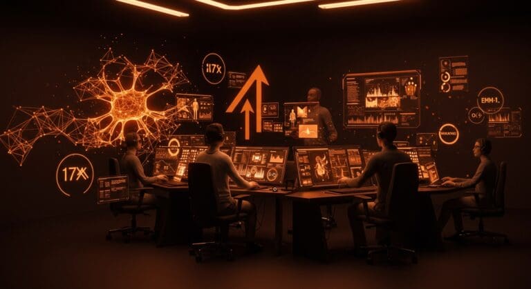 Dataset multimodal EMM-1 de Encord representado con hologramas y redes neuronales en paleta naranja y negro, destacando eficiencia en IA empresarial.