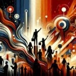 Emprendedor visionario colaborando en ecosistema startup con colores naranja y negro representando innovación y liderazgo