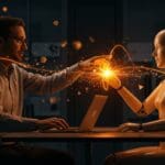 Eric Zelikman colaborando con una IA en un entorno moderno, ilustrando innovación en IA colaborativa y startups tecnológicas con funding.