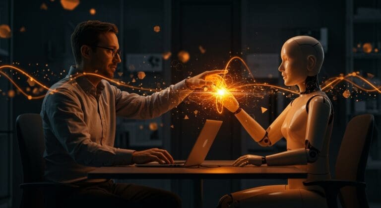 Eric Zelikman colaborando con una IA en un entorno moderno, ilustrando innovación en IA colaborativa y startups tecnológicas con funding.