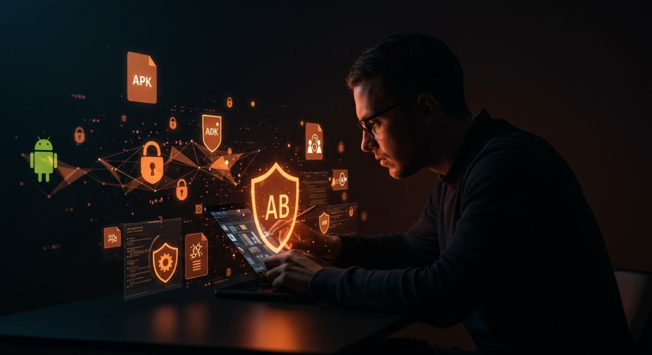 Desarrollador Android usando técnicas avanzadas para circumventar la verificación de desarrolladores en el ecosistema móvil con enfoque en seguridad y tendencias de mercado.