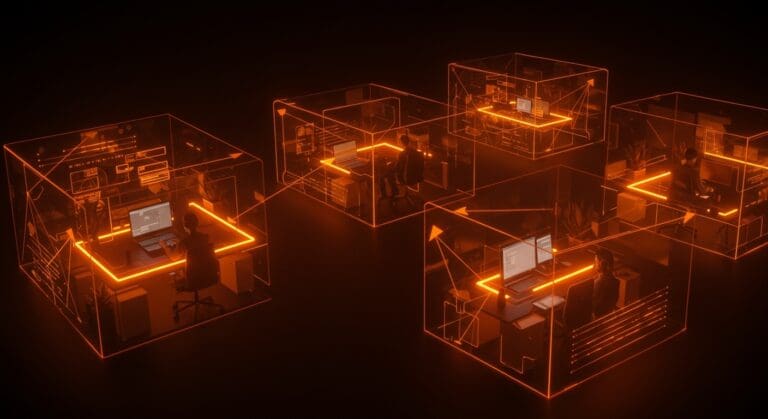 Equipos de startups tech colaborando dentro de silos intencionales para mejorar organización y escalabilidad.