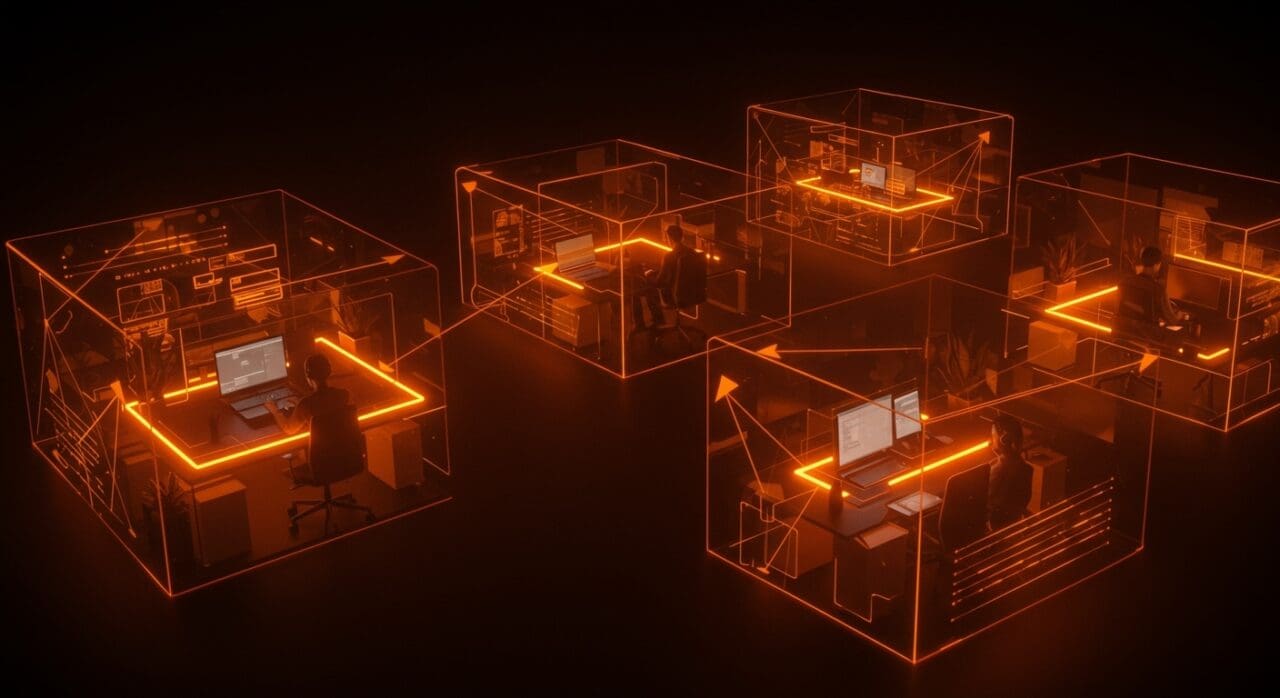 Equipos de startups tech colaborando dentro de silos intencionales para mejorar organización y escalabilidad.