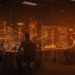 Implementación de Event Sourcing y CQRS en startup fintech con arquitectura de software escalable y auditables en colores naranja y negro.