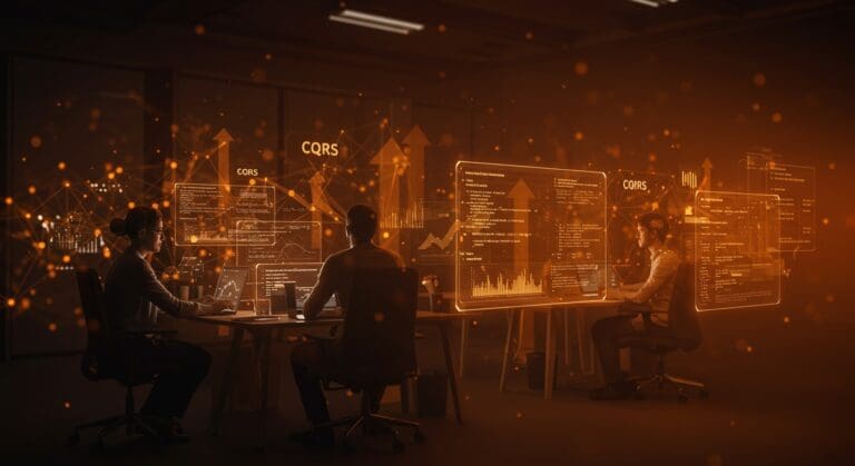 Implementación de Event Sourcing y CQRS en startup fintech con arquitectura de software escalable y auditables en colores naranja y negro.