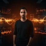 Neil Zeghidour con visualizaciones holográficas de tecnología IA de voz, representando la startup Gradium y la búsqueda de $60M en funding.