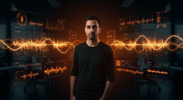 Neil Zeghidour con visualizaciones holográficas de tecnología IA de voz, representando la startup Gradium y la búsqueda de $60M en funding.