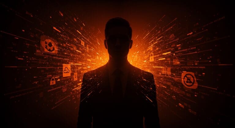 Retrato dramático de un exejecutivo vendiendo exploits ilegales en ciberseguridad en el mercado tech ruso.