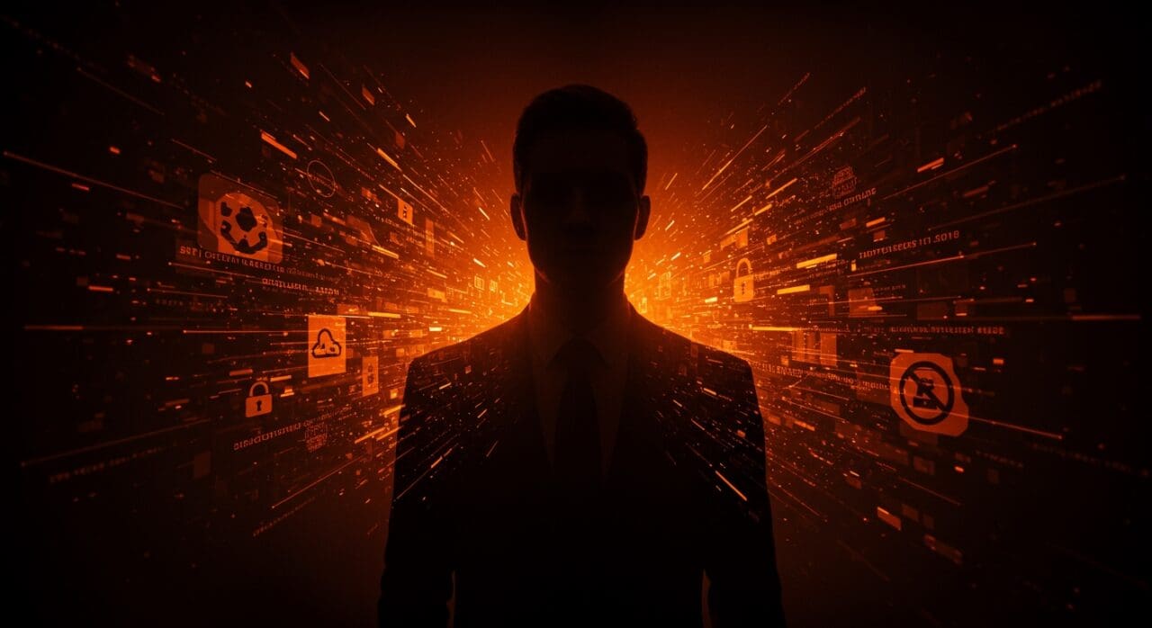 Retrato dramático de un exejecutivo vendiendo exploits ilegales en ciberseguridad en el mercado tech ruso.