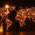 Fundador de startup catalana Factorial frente a un mapa digital global con símbolos que representan expansión internacional, inversión y tecnología SaaS en gestión de RRHH.