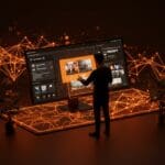 Interacción digital que representa la adquisición de Weavy por Figma y la integración de generación de medios con IA en startups tecnológicas.