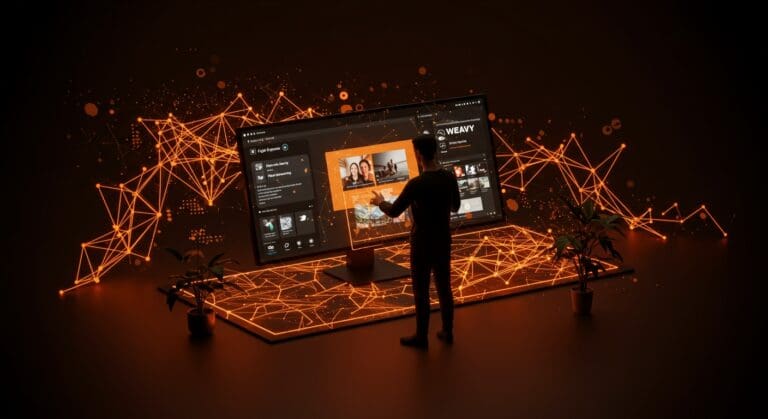 Interacción digital que representa la adquisición de Weavy por Figma y la integración de generación de medios con IA en startups tecnológicas.