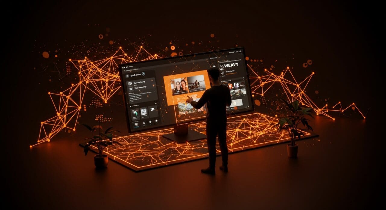 Interacción digital que representa la adquisición de Weavy por Figma y la integración de generación de medios con IA en startups tecnológicas.