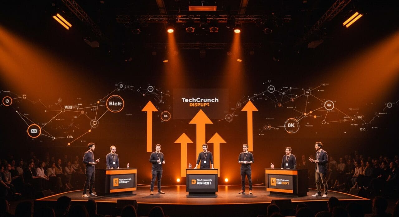 Finalistas del Startup Battlefield presentando sus pitches en TechCrunch Disrupt 2025, simbolizando financiamiento e innovación en startups.
