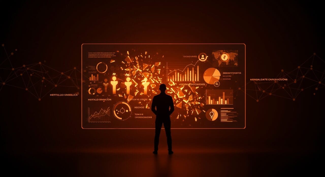 Líder startup enfrentando el desafío entre fortaleza simbólica y datos en la toma de decisiones y cultura organizacional.