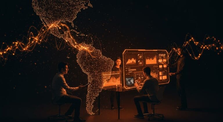 Fundadores tecnológicos latinoamericanos colaborando con interfaces digitales que muestran inteligencia artificial, CRM y automatización para impulsar startups con propósito social en LATAM.