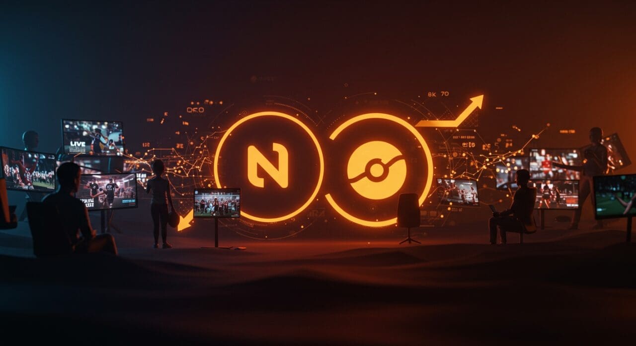 Fusión de Fubo con Hulu Live TV simbolizada por orbes luminosos entrelazados en un entorno digital de streaming y deportes, destacando la innovación y la estrategia de mercado.